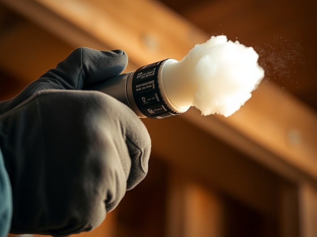 Close-up of a spray foam insulation gun applying cured foam texture